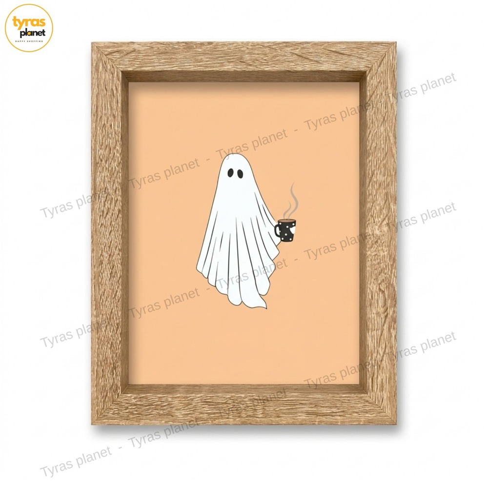 Halloween Ghost With Cute Coffee Mug Orange Background Frame Decor 8x10"